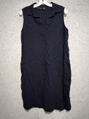 Tahari Dress Womens 8 Blue Linen Collared Sleeveless Shirt Knee Length Work