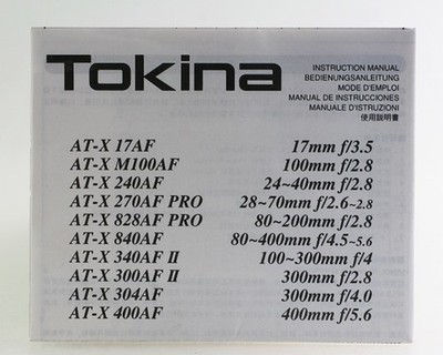 Bedienungsanleitung Tokina AF 17mm 3.5 100mm 2.8 24-40mm 2.8 etc. Instructions