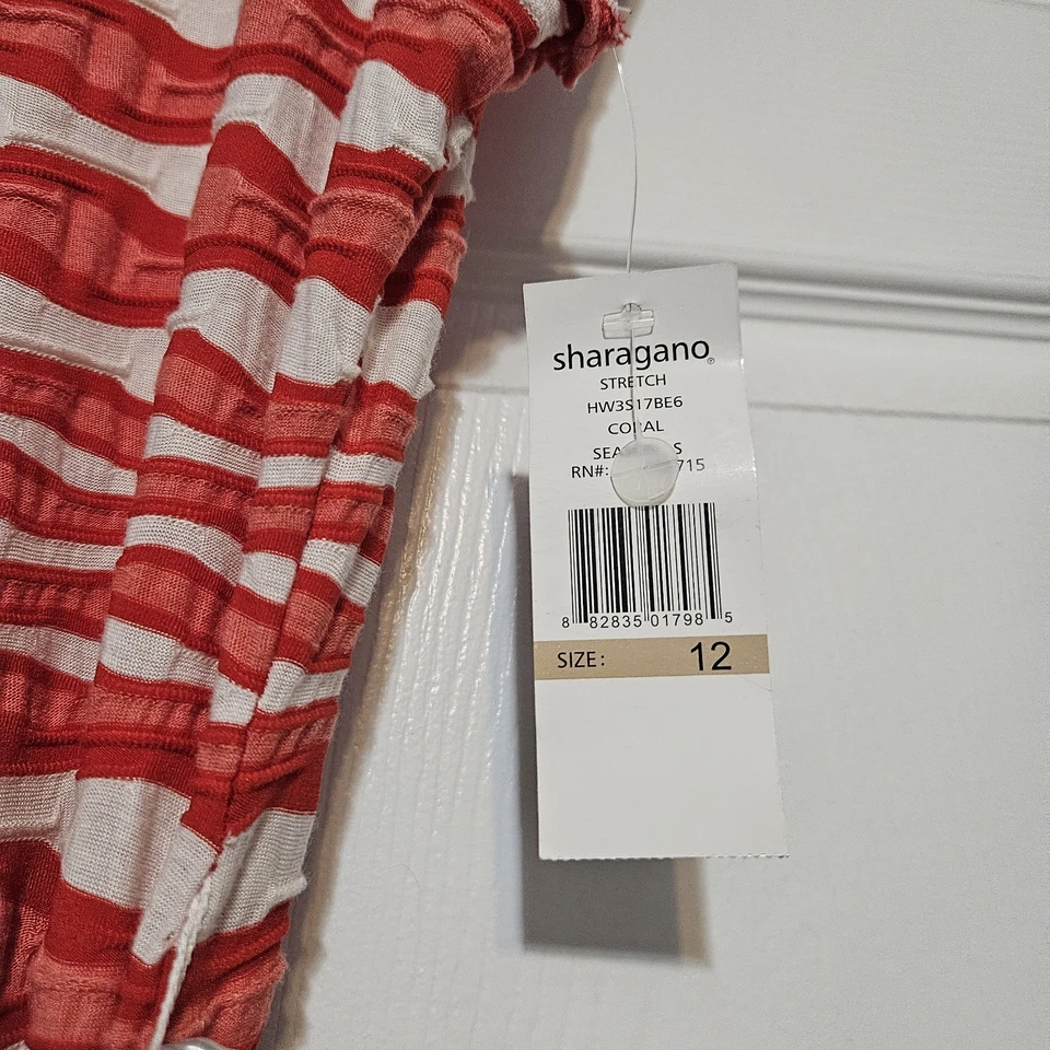 全新 Sharagano 连衣裙 女式 12 码 短袖 Midi 纹理红色和白色条纹 — 第 4/4 张图片