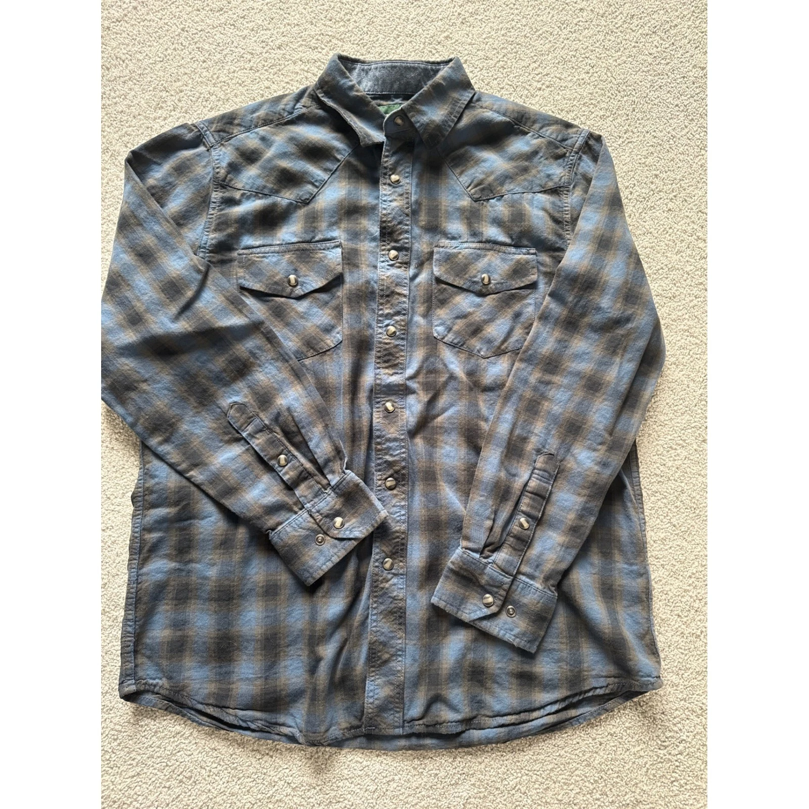 Outdoor Life Mens Blue Plaid Western Pearl Snap Flannel Shirt Medium 100% Cotton