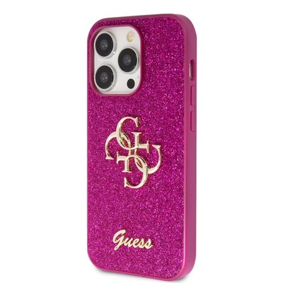 Guess Glitter Script HardCase für iPhone 15 Pro Max 6.7'' Lila TPU mit Metall-Log