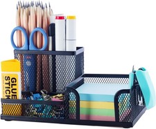M G Mesh Pen Holder   3-Compartment Desk Organizer with Sticky Notes, Black