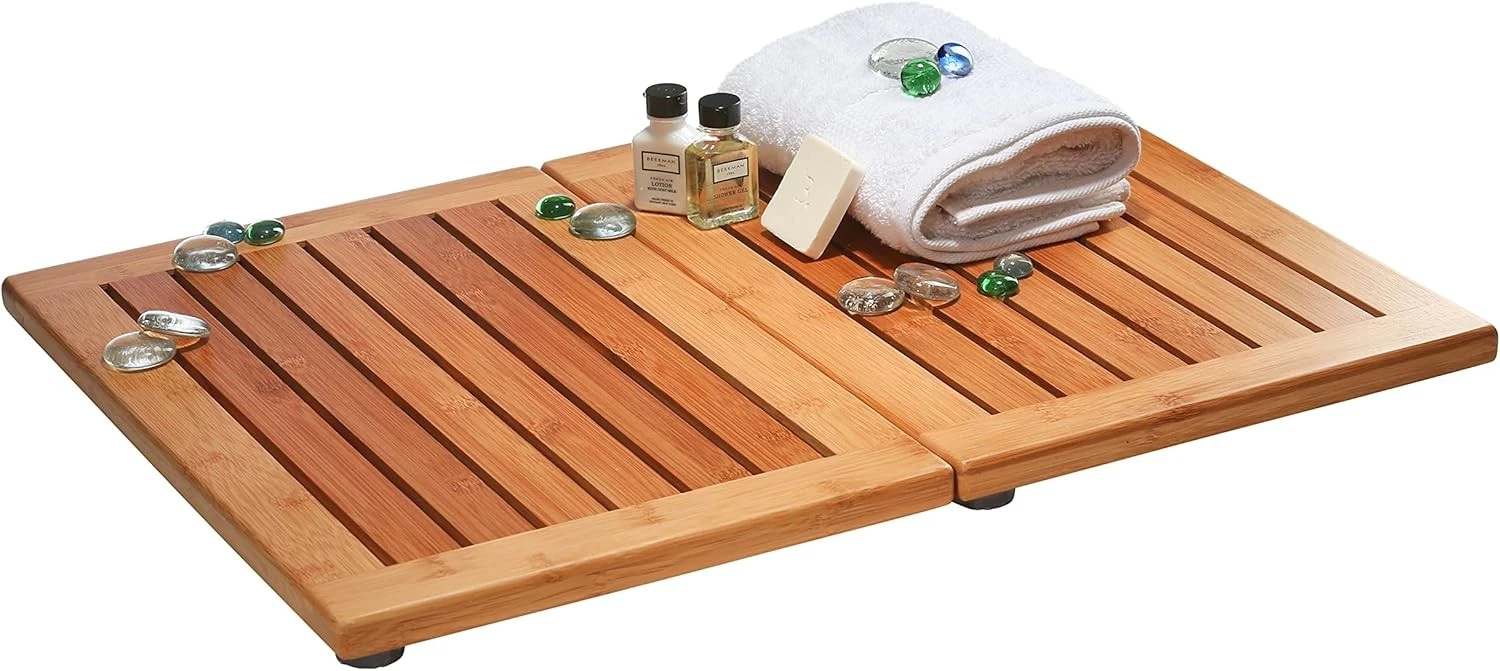 Bamboo Bath Mat - Foldable Wood Shower Mat, Non-Slip Bathroom for Spa,...
