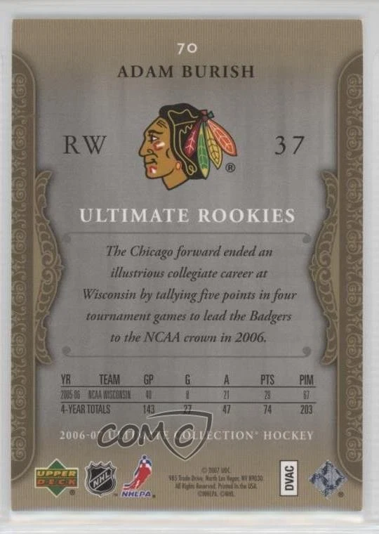 2006-07 Ultimate Collection Ultimate Rookies /699 Adam Burish #70 Rookie RC - Image 2 of 2