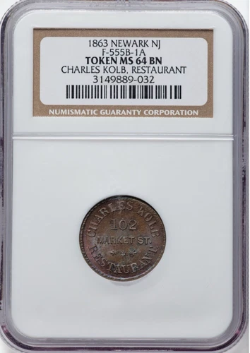 1863 Charles Kolb, Restaurant, Newark, NJ, MS64 Brown NGC. Fuld-NY555B-1a, R.3