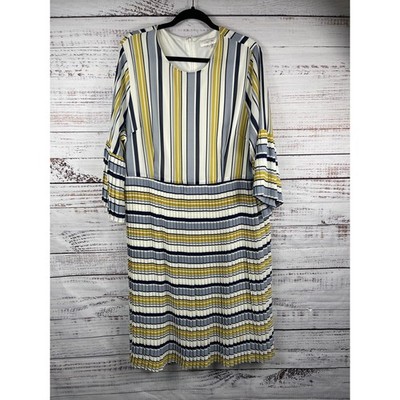 Lost Ink Dress Women's 20 Multicolor Stripe Pleated Bell Sleeve Midi Plus Size