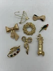 Vintage Costume Jewellery Lot Brooches Gold Tone Golf Wreath Bow Avon AJ Parke