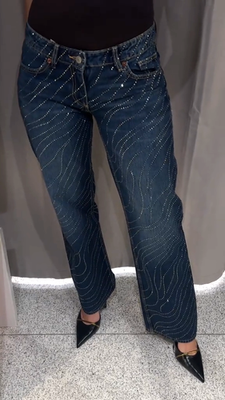 ファッション！ Zara TRF Low Rise Wide Leg Rhinestone Jeans Blue UK6 UK8 UK10 UK12