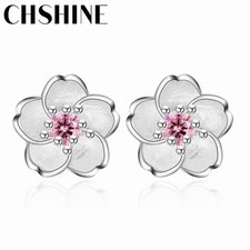 925 Sterling Silver Flower Stud Earrings - Zircon, Pink or Purple, 0.31 in