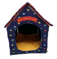 Build a Bear Workshop Collapsible Dog House-Red And Blue Bones & Paws Print