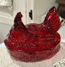 Handcrafted Glass Red Hen On Nest, Large, 9x5”, Removable Lid,  Etched