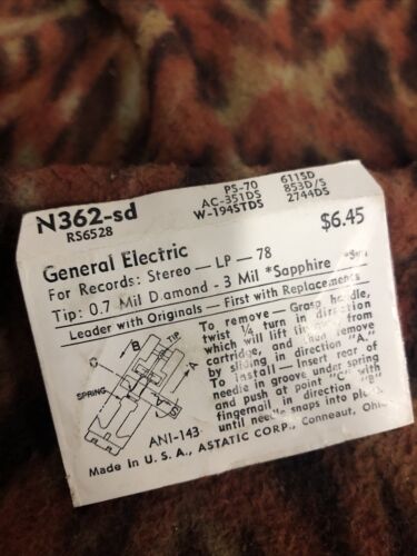 Astatic N362-sd Diamond Needle .7 Mil 3 General Electric Sapphire Stereo LP 78 - Picture 2 of 2