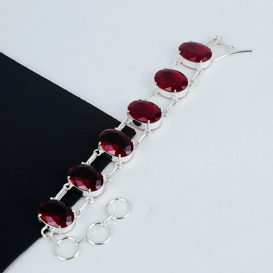 Beautiful Red Ruby Gemstone Bracelet 925 Sterling Silver Jewelry For Love Gifts - Image 3 of 4