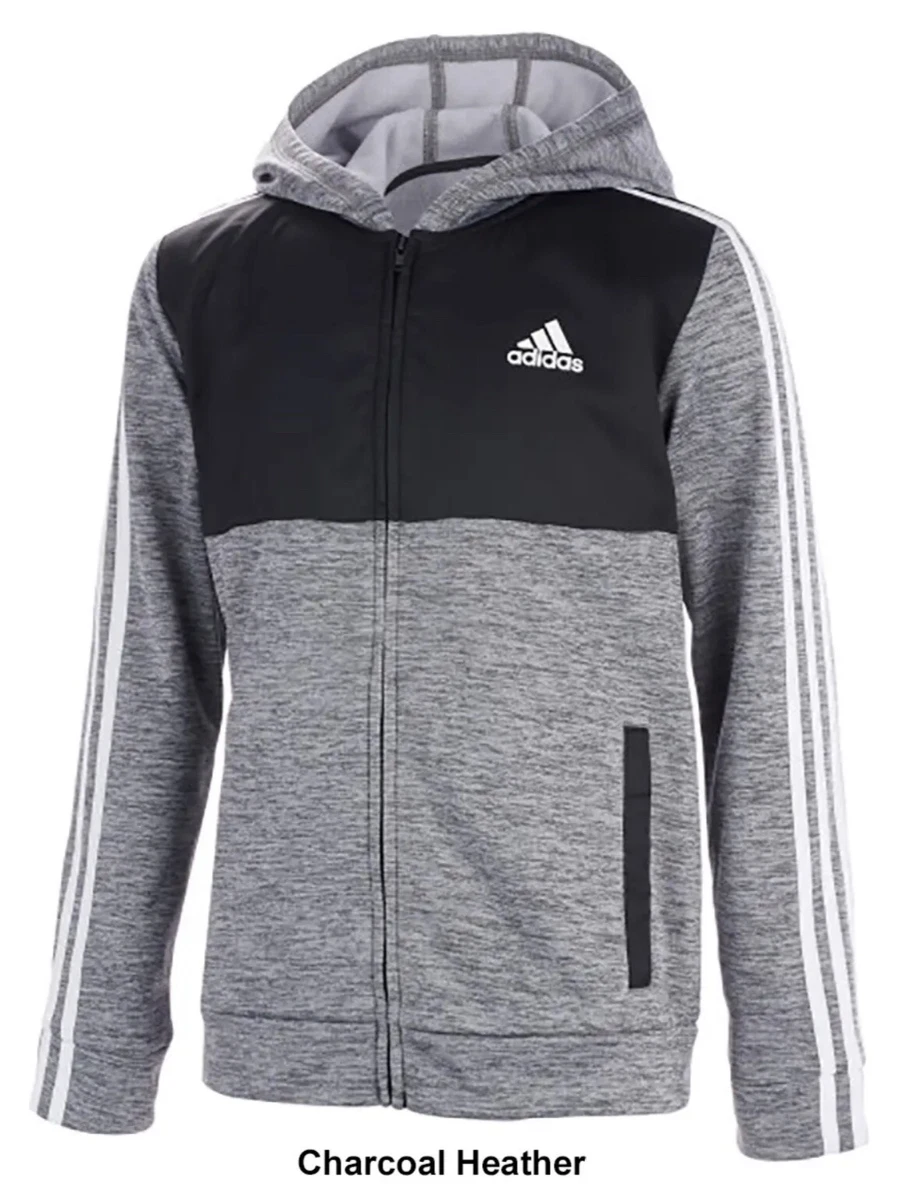 adidas Boys SMALL Poly Hooded Full Zip Jacket Charcoal Heather