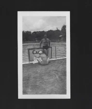 1940's B/W Photo Swimming Pool Man & Woman Swimsuits Caution Sign 2.75 x 4.50