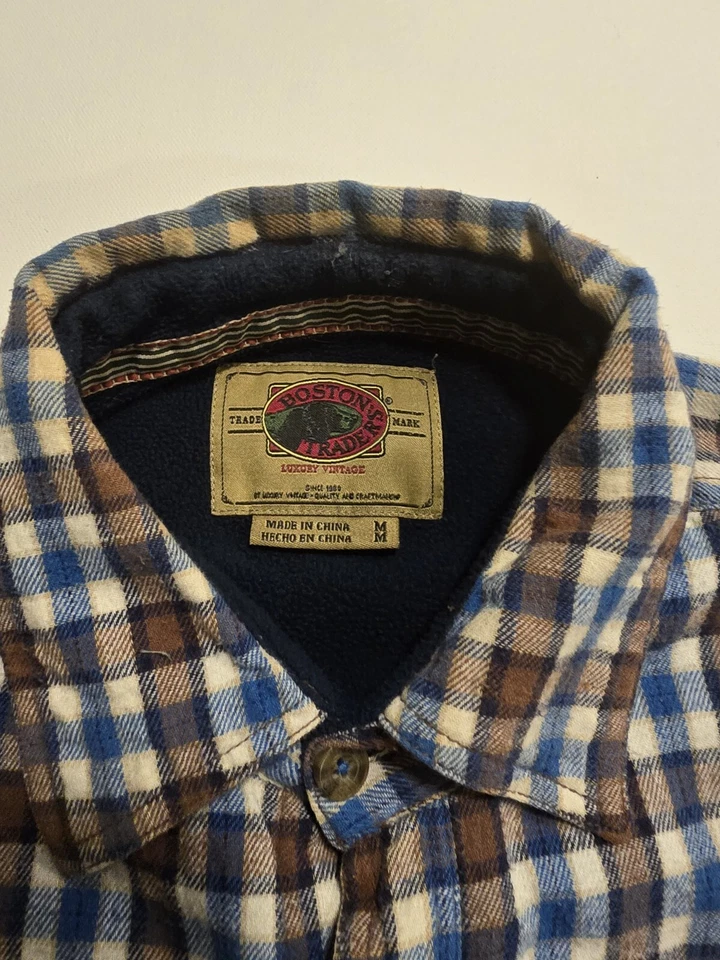 BOSTON TRADERS-Blue-Brown-Men's Plaid-Checker Lined Flannel-Luxury VTG Size Med - Image 3 of 4