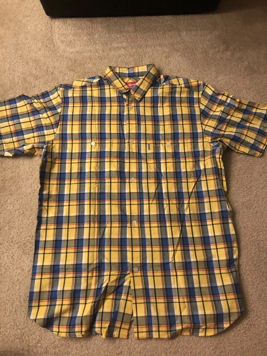 Vintage Supreme Flannel Button Up Short Sleeve Shirt Plaid Tartan Yellow  Blue XL