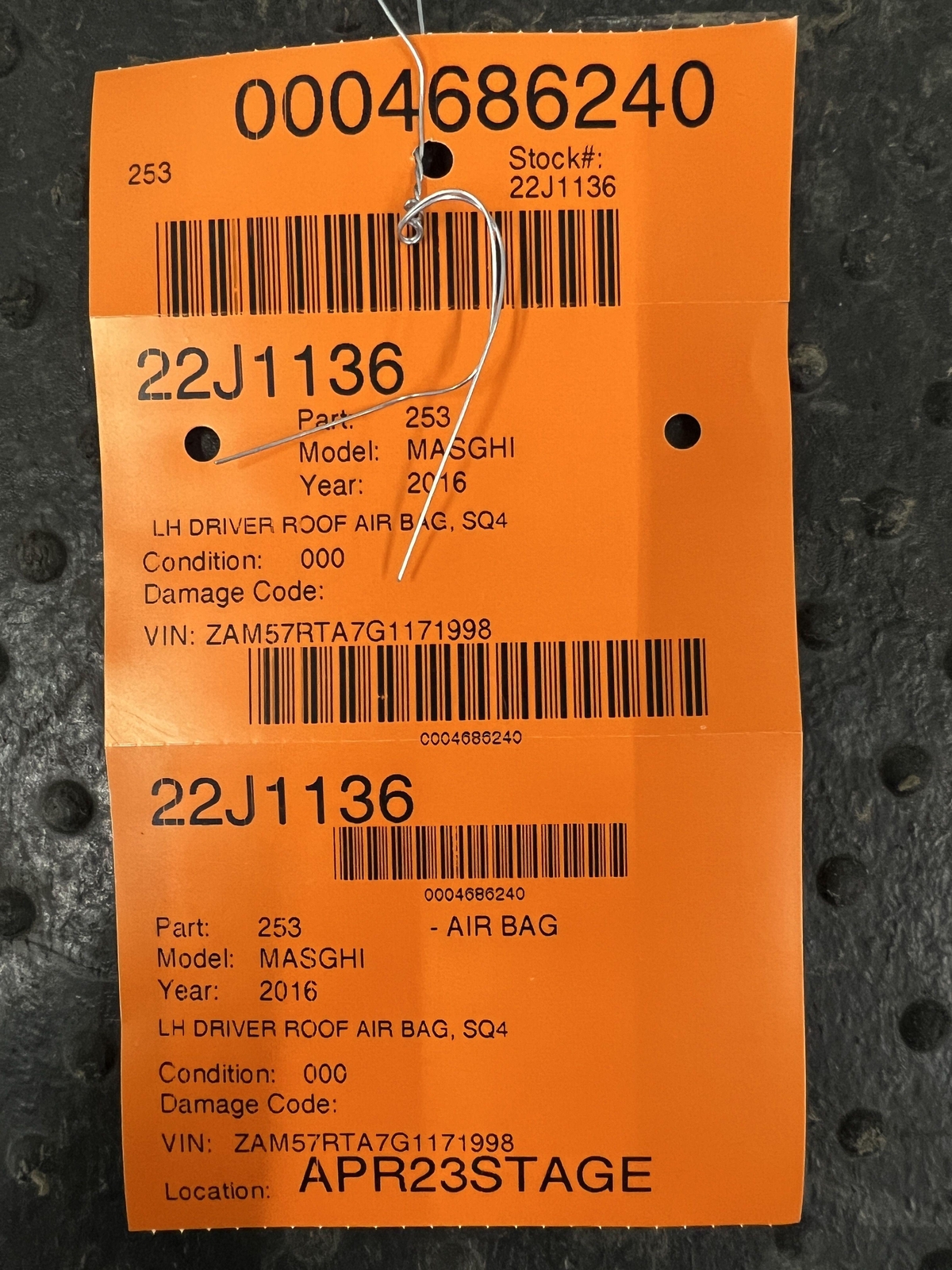 14-19 MASERATI GHIBLI SQ4 DRIVER LEFT LH ROOF AIR BAG