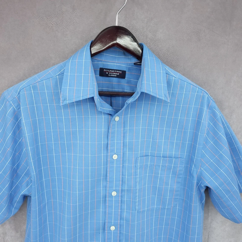 Roundtree & Yorke Shirt Mens Medium Blue Striped Classic Button Up Casual - Image 3 of 4