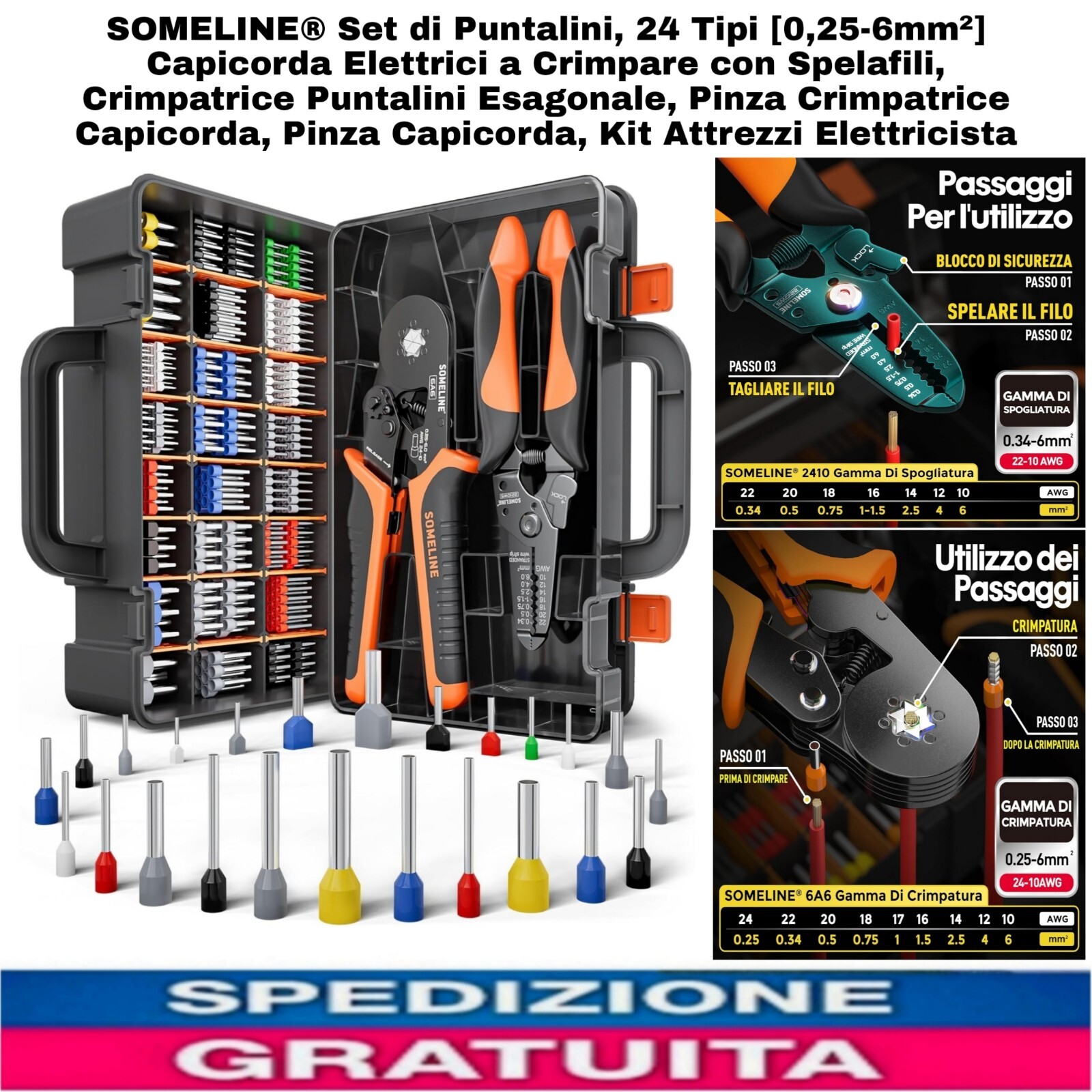 Set Puntalini, 24 Tipi [0,25-6mm²] Capicorda Elettrici a Crimpare Con Spelafili 
