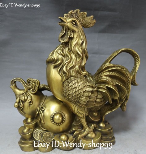 14" China Bronze Zodiac Year Animal Rooster Gourd Coin Yuanbao Ruyi Statue