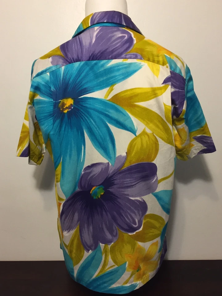 Camisa Hawaiana Vintage Años 50 Mercado Internacional Aqua Floral Corteza Tela M Foto 4 de 4