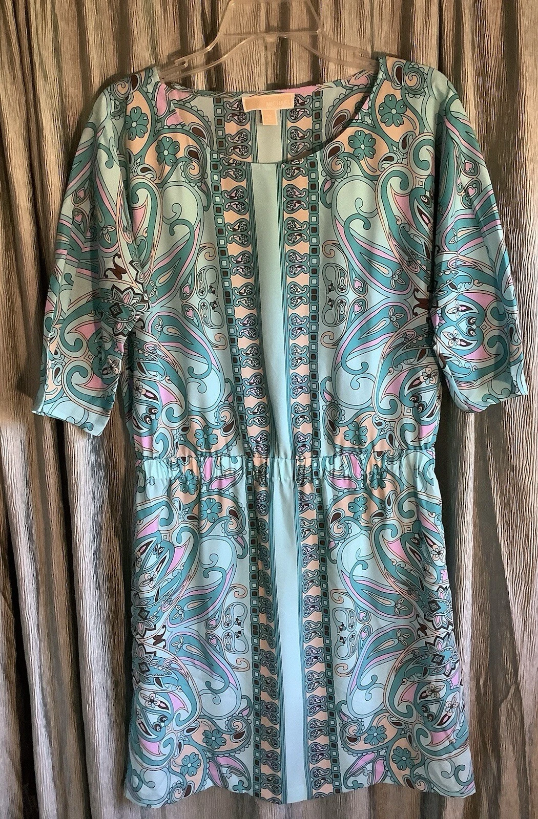 Abito da festa Michael Kors MK Paisley floreale blu turchese taglia 10 elastico in vita