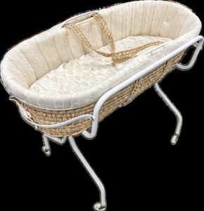 Baby Moses Basket with Tan quilted liner, sheet, &  white metal rolling stand
