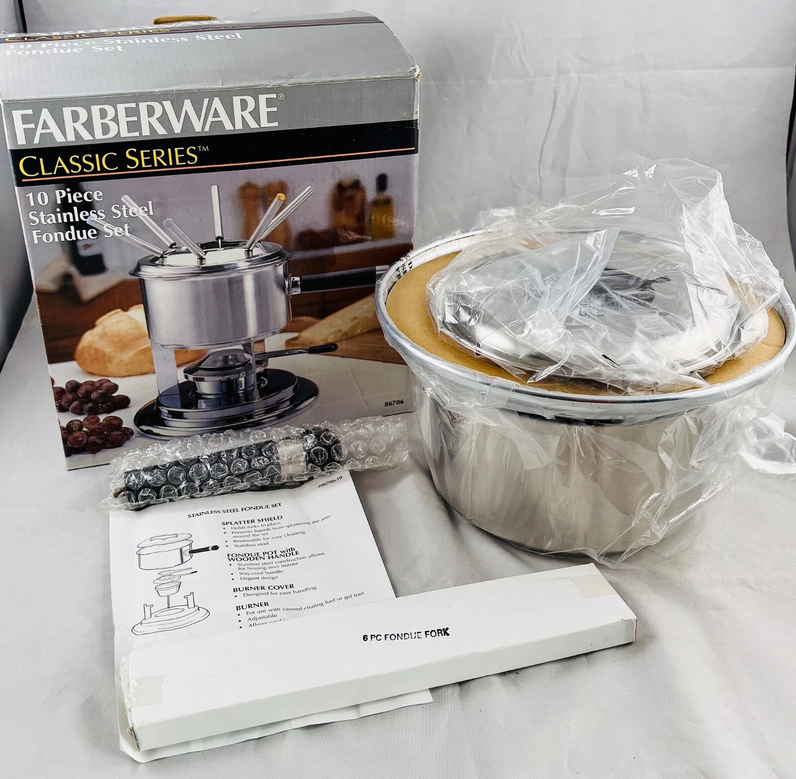 NEW FARBERWARE CLASSIC SERIES BRUSHED STAINLESS FONDUE SET 10 PC 86706 OPEN BOX