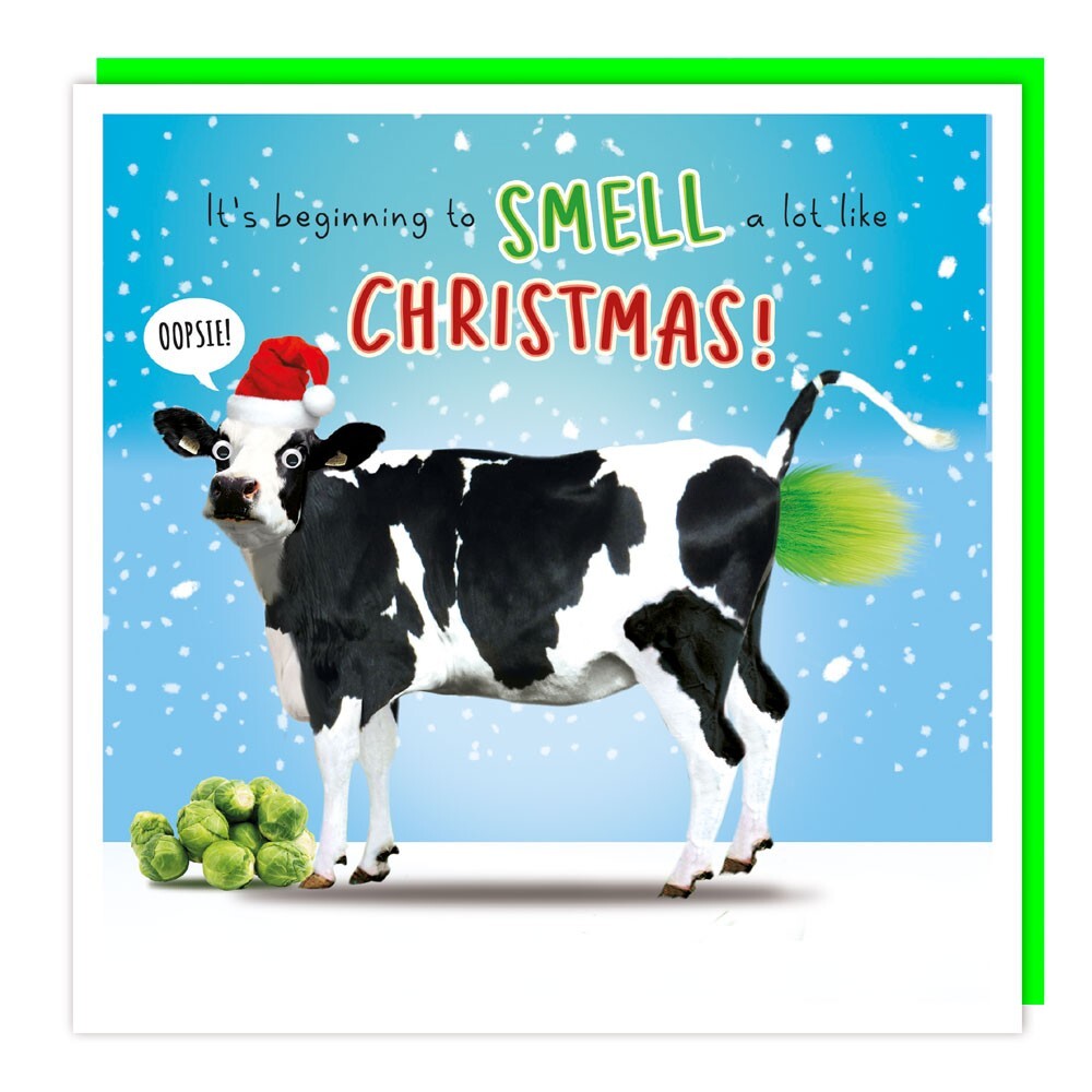 Funny Christmas Card Smelly Cow - Silly Fun Fluff Animals Festive Xmas Card
