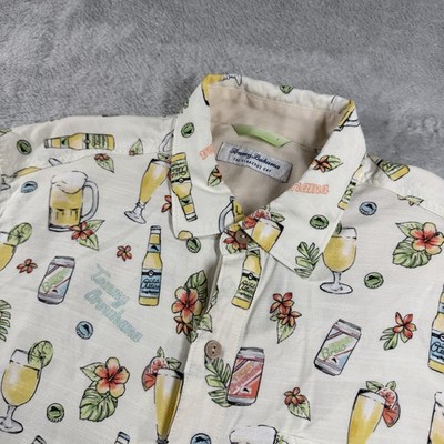 Tommy Bahama Shirt Mens Large White Beer Cocktail Hawaiian Tropical AOP Resort