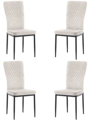 set of 4 Beige Velvet Dining Chairs Diamond Stitching back Metal Legs Beige - Image 1 of 4