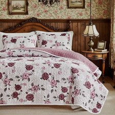 Floral Quilt Set 3 Pieces Queen Size Pink with Purple Rose Botanical Spring F...