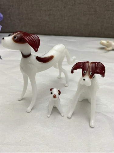 Vintage Hand Blown And Hand Painted Miniature Milk Glass Dog Figurines