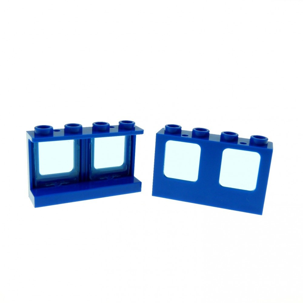 2x Lego Window Frame 1x4x2 Double Blue Transparent Blue Pane 60601 61345