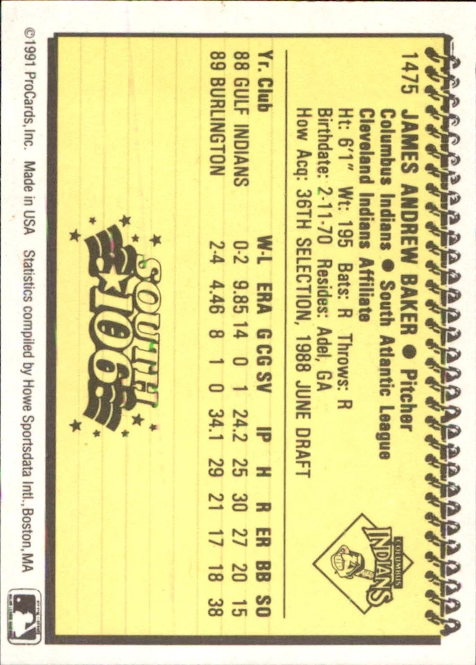 Andy Baker 1991 ProCards #1475 RC Columbus Indians *AutographDen* - Image 2 of 2