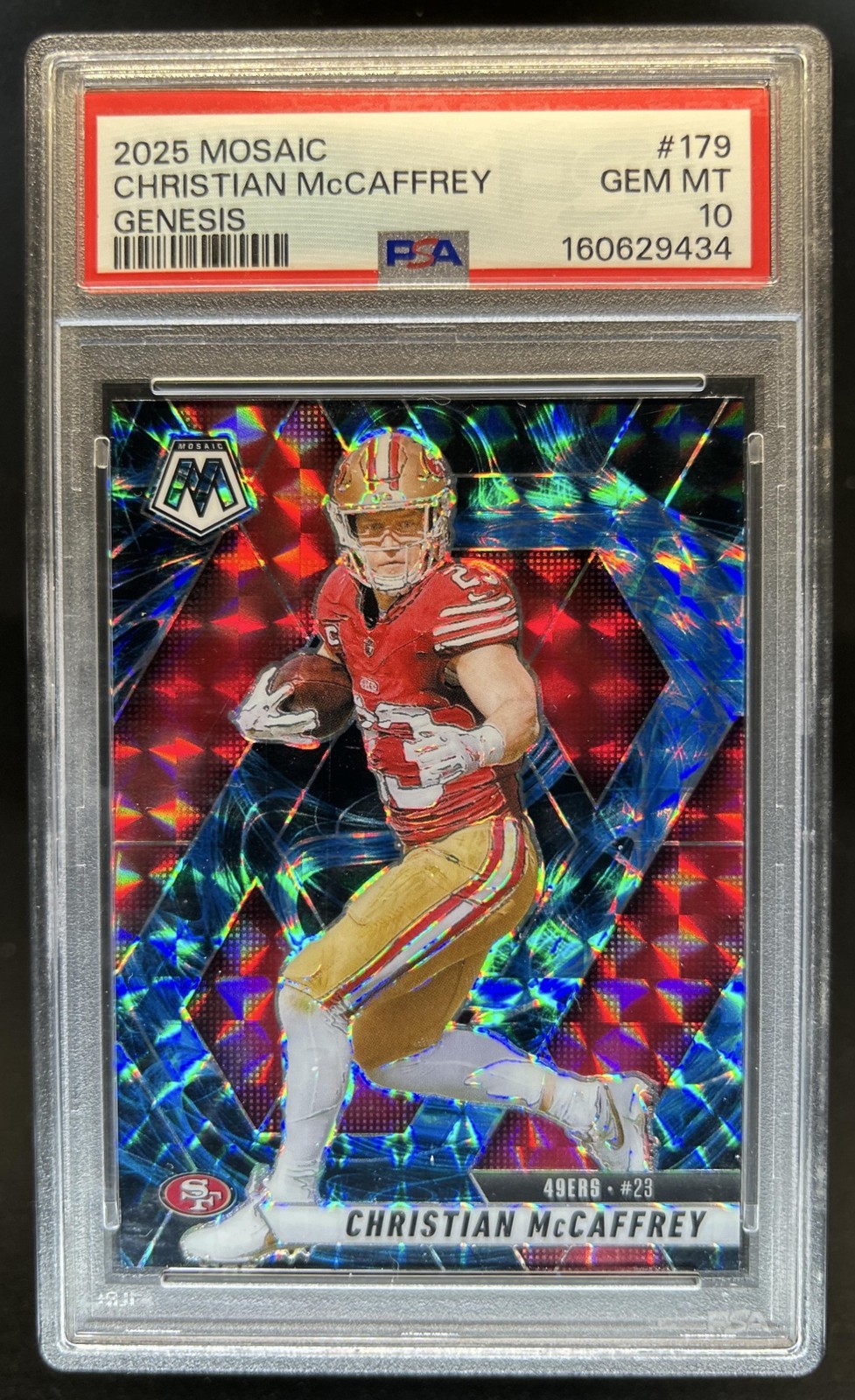 2025 Panini Mosaic Christian McCaffrey SP Genesis Prizm #179 49ers PSA 10
