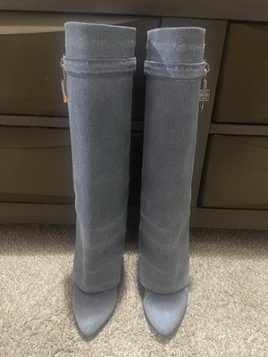 Givenchy Shark Lock Boots Medium Blue Denim Knee High Women's Pointed Toe Sz 39