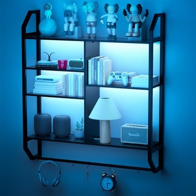 Gaming Floating Shelves, 35'' Large LED Wall Shelves with Adjustable Tier, Wal...