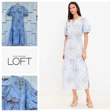 LOFT Women's Small Blue Floral Print Tiered Midi Dress Short Sleeve Pockets