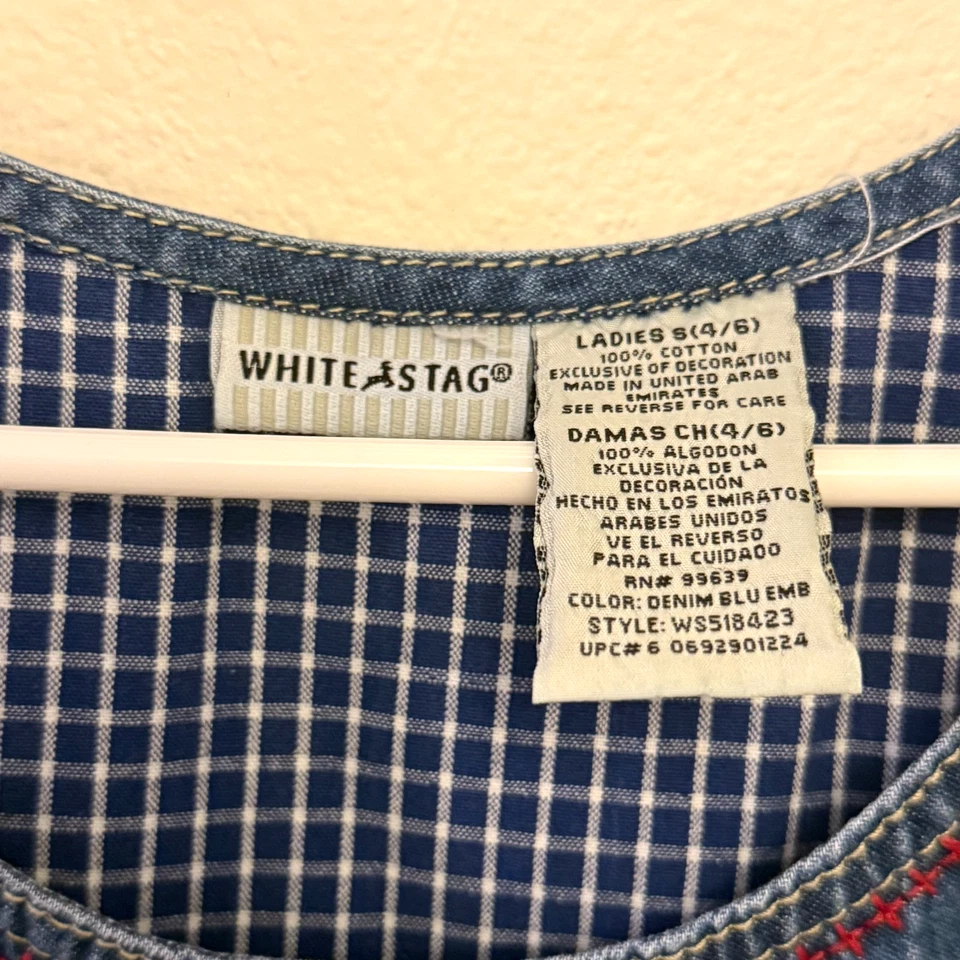 Maxi jersey vaquero vintage blanco ciervo azul para mujer pequeño bordado 100 % algodón Foto 3 de 4