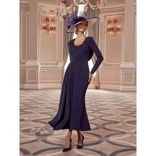 Navy blue Mother of the Bride Dress Ankle Length Pleated Wedding Guest PartyGown