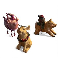Set of 3 Pig Ornaments Resin Metal Ceramic 4" Vintage Farm Animal Christmas