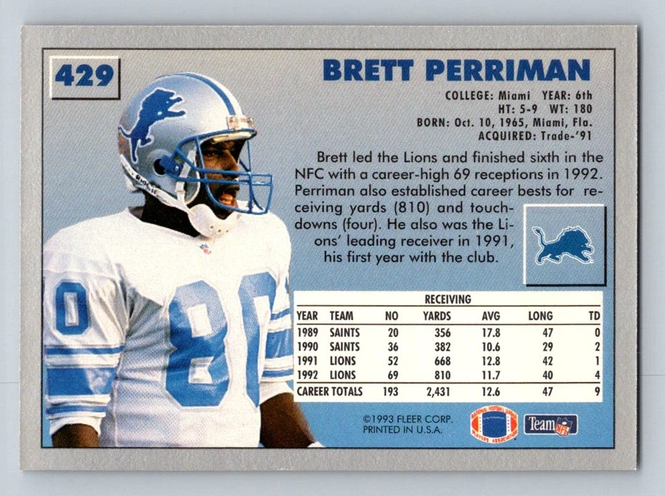 1993 Fleer Brett Perriman #429 Detroit Lions - Image 2 of 2