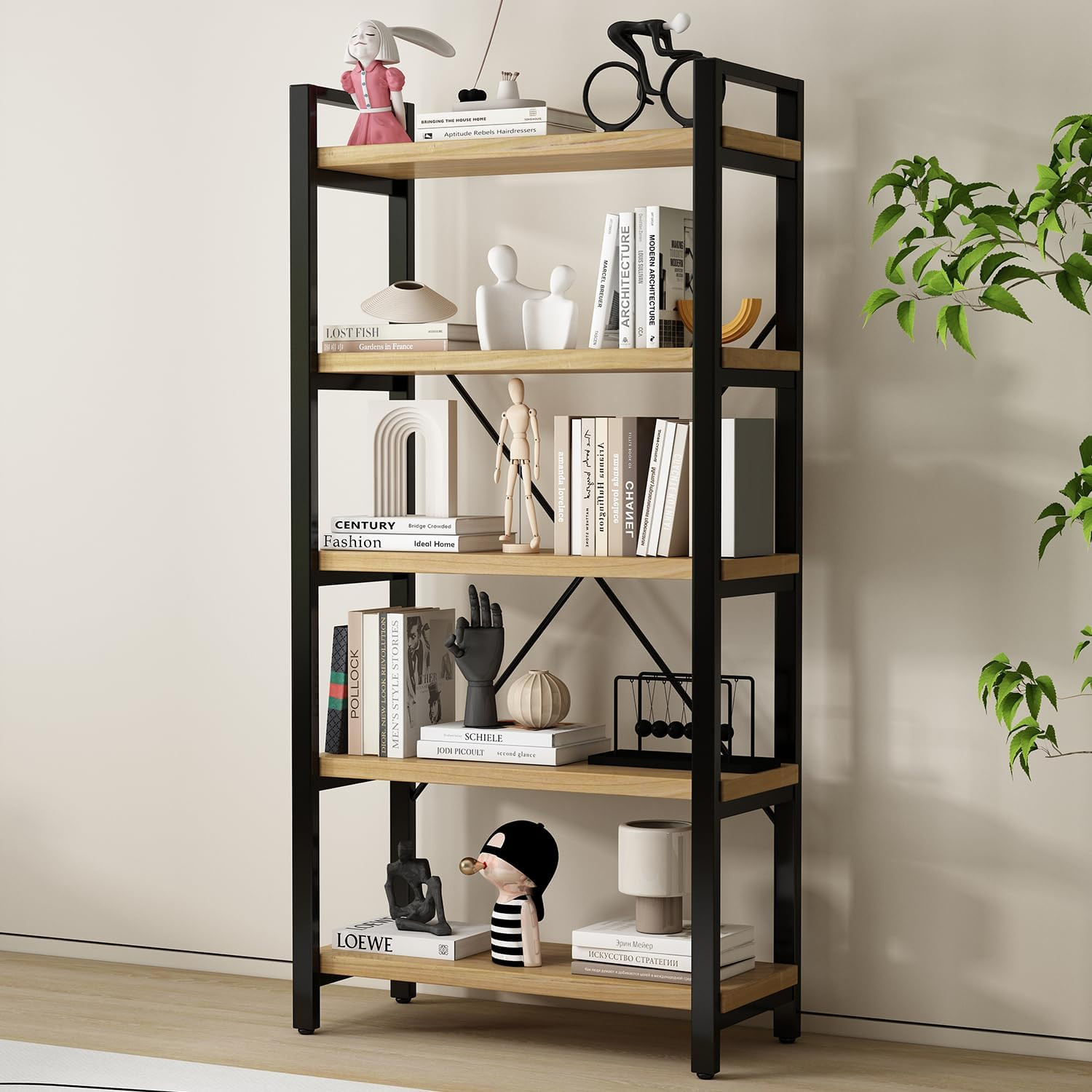 Real Solid Wood Bookshelf Shelves Rustic Vintage Industrial Etagere Bookshelf, M
