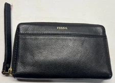 Fossil Womens Wallet Black Leather Zip Around Wristlet Credit Card