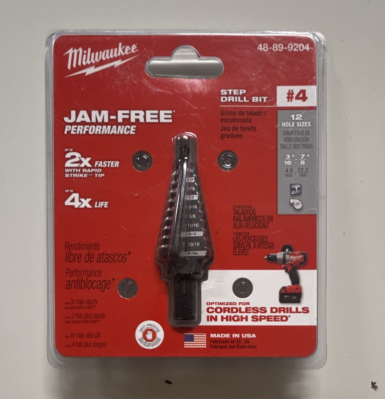 Milwaukee Jam-Free Step Drill Bit #4 12 Hole Sizes 3/16-7/8 48-89-9204