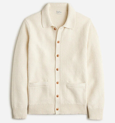 J Crew Cardigan Mens White Polo Collar Warm Thick Tuck Stitch (All Sizes)