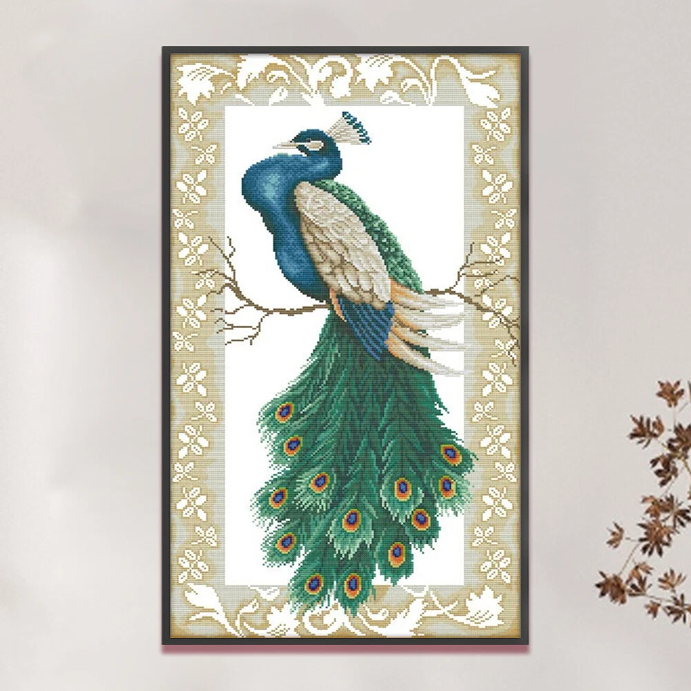 Stickerei-Öko-Baumwollgarn 14 CT bedruckt Pfau Kreuzstich-Kunstwerk 38 x 62 cm - Bild 5 von 12