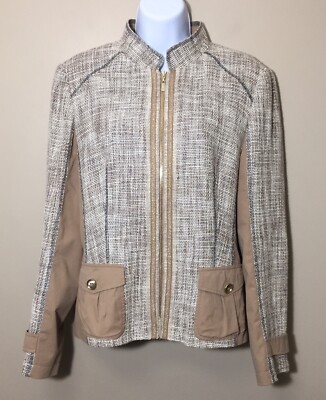 Basler Black Label Luxury Tan Boucle Tweed Zip Up Mandarin Collar Blazer Size 10